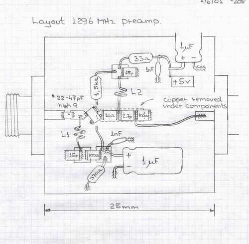  Расположение элементов для усилителя на 1296 МГЦ